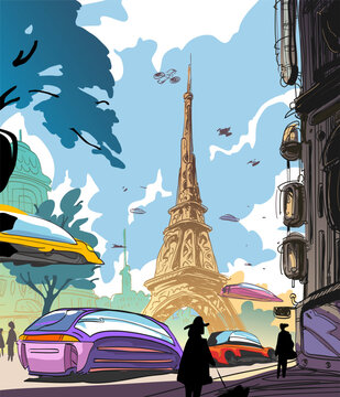 Paris fantastic city of the future. Concept art illustration. Sketch gaming design. Fantastic vehicles, trees, people. Hand drawn vector painting. 
