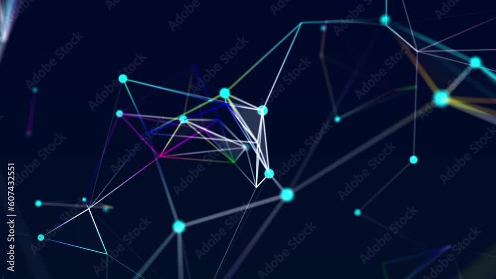 Poster Wave connection of colored lines and dots in space. Abstract digital background of big data transmission algorithms.Network connections.3d rendering. Seamless loop.