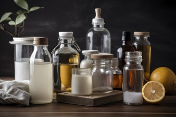 homemade cleaning products in various bottles and containers, created with generative ai