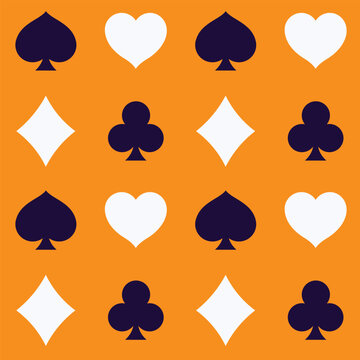Seamless pattern with playing card suits on an orange background. Vector illustration. 