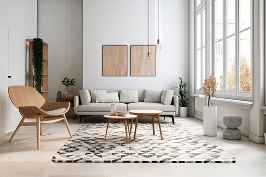 minimalist living room with sleek furniture and geometric patterns, created with generative ai