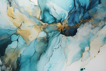 Abstract blue, gold and white alcohol ink art background. Generative AI illustration