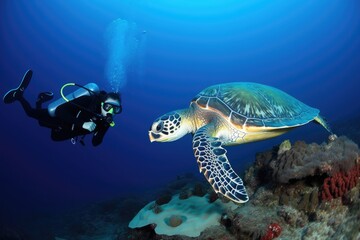 Obraz na płótnie Canvas scuba diver catching glimpse of sea turtle underwater, created with generative ai