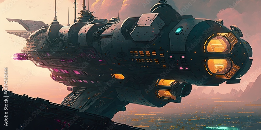 Wall mural cyber punk spaceship seen from above. glorious generative ai.