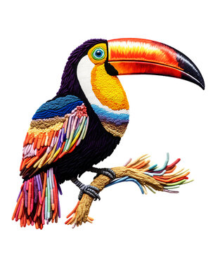 Toucan bird isolated on transparent background with embroidery pattern