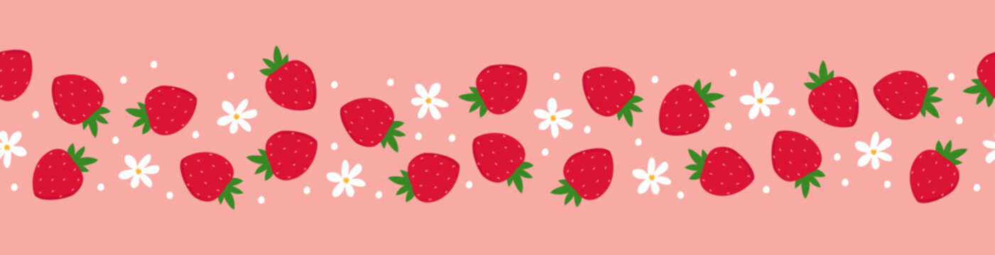 Seamless border of strawberries and flowers. Colorful fruit on pink background.