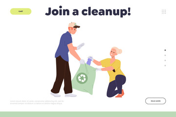 Join cleanup invitation on landing page with happy people volunteers picking plastic waste