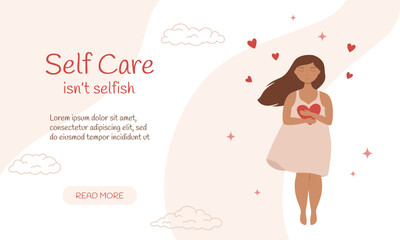 Self care banner. Young woman with closed eyes hugs herself and hearts. Mental health, zen, harmony concepts. Body positive, self care, love yourself