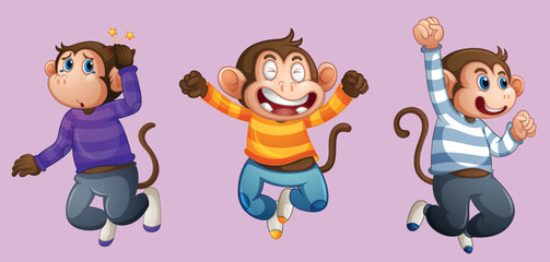 three monkey wear t-shirt in jumping pose isolated by the greatest graphics