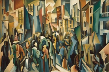 cubist painting of bustling cityscape, with buildings and people in motion, created with generative ai - obrazy, fototapety, plakaty