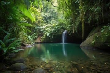 waterfall cascading into tranquil pool in lush jungle, created with generative ai