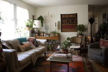 boho-chic living room, with eclectic mix of vintage and modern furnishings, created with generative ai