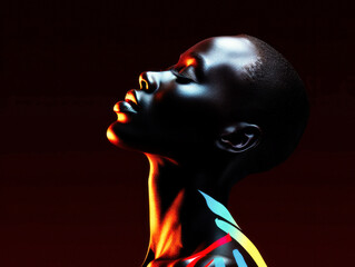 African woman hybrid beauty stands. Embodying minimalism and futurism, her form merges past, present, and yet-to-come. The image, a concept collage, speaks volumes in its simplicity. Generative AI