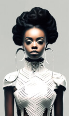 African woman hybrid beauty stands. Embodying minimalism and futurism, her form merges past, present, and yet-to-come. The image, a concept collage, speaks volumes in its simplicity. Generative AI