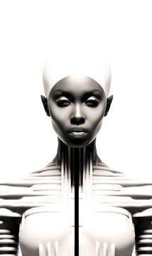 African woman hybrid beauty stands. Embodying minimalism and futurism, her form merges past, present, and yet-to-come. The image, a concept collage, speaks volumes in its simplicity. Generative AI