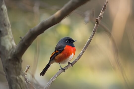 male redstart bird perching on tree branch, with its bright red feathers in full view, created with generative ai