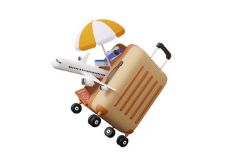 Luggage tourism trip planning world tour with airplane, location on suitcase of travel online, leisure touring holiday summer concept. passsport, recreation, 3d render illustration - obrazy, fototapety, plakaty