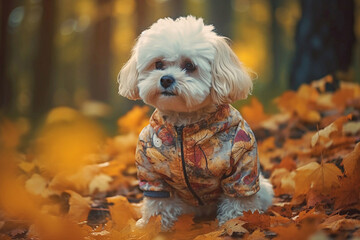 Fashionable clothes for dogs. A dog in stylish clothes on a coloraturas background. Funny portrait of a dog. Dog clothing store.