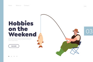 Hobby on weekend landing page design template with adult man character fishing on river bank