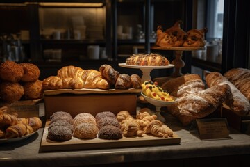stand with variety of pastries, including croissants, doughnuts, and more, created with generative ai