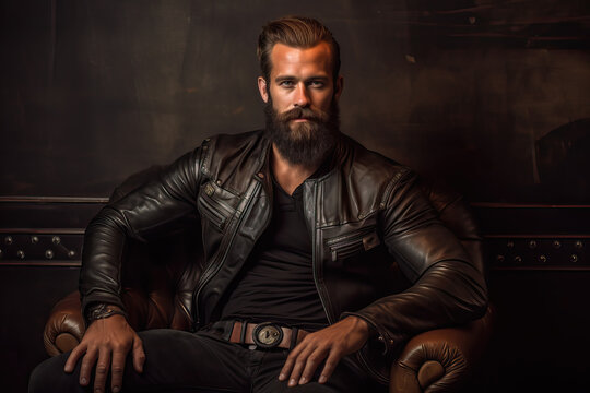 portrait of handsome leather man with beard, ai generated