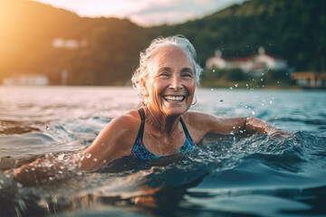 portrait of older woman swimming in lake, ai generated - obrazy, fototapety, plakaty