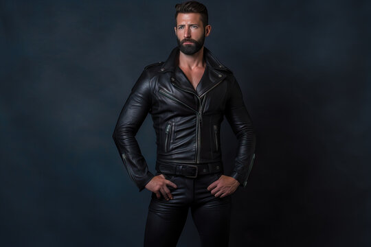 portrait of handsome leather man with beard, ai generated