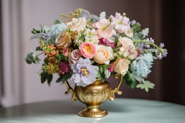 bouquet of pastel flowers in fanciful vase with gold accents, created with generative ai