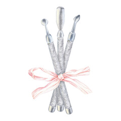 Watercolor illustration. A set of tools for manicure. Hand-drawn and isolated on white background object. Sticks for cuticle care. For manicure masters, beauty salons, cosmetic stores