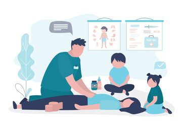 Children on lesson, doctor teaching first aid. Life save and healthcare, concept. Education seminar for kids. Learning medical information and practicing for students.