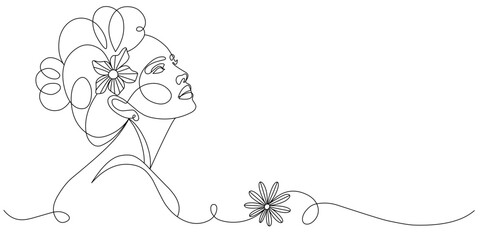 Women’s day line art style vector illustration. Line art vector illustration of beauty woman. Line art vector illustration of a beautifull woman face with flower on hair