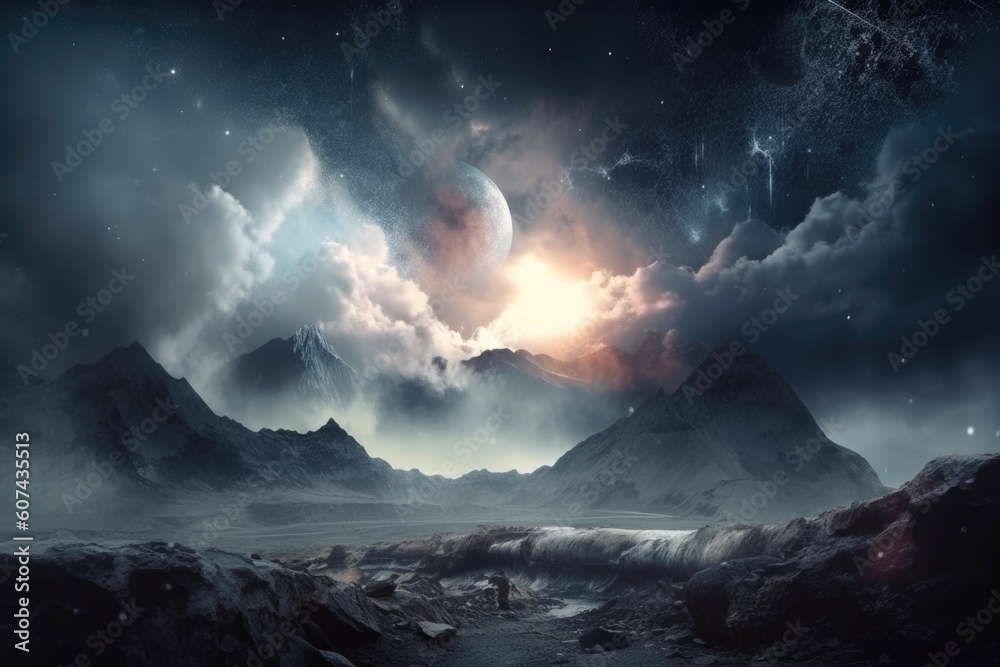 Wall mural abstract and surreal landscape with nebula in the background, created with generative ai