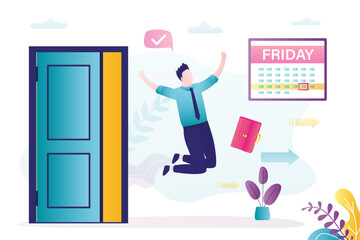 Overjoyed businessman go away from office and jump near open door. Male employee feel happy for friday. Business man or worker excited with weekend days off at workplace.
