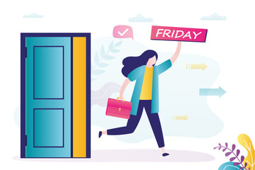 Overjoyed business woman run away from office. Female employee feel happy for friday. Businesswoman or worker excited with weekend days off at workplace. Start of the weekend.