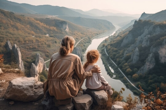 Mom and daughter are sitting on a cliff above a winding river and admiring nature at autumn, created with Generative AI