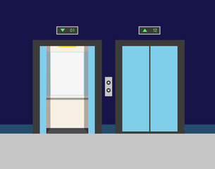 Vector illustration of open and closed elevator doors. Vector illustration in flat style.