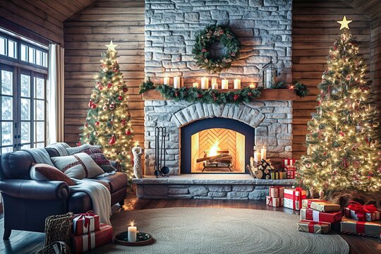 Festive Christmas Decor in Cozy Living Room with Fireplace - AI Generative