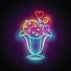 Vintage Glow Signboard with Ice Cream Balls in Vase, Candies Decor. Cafe Flyer Template. Shiny Neon Light Poster, Banner, Playbill, Night Club Invitation. Glossy Background. Vector 3d Illustration 