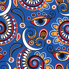 Folkloric Seamless Pattern with   Indian Paisley Swirl, Nature Inspired Design Element. Ornate Abstract Floral Pattern. Endless Texture for Fabric, Wallpaper etc. Vector Illustration