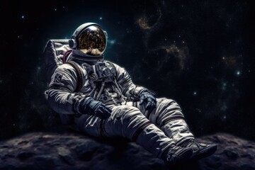 Naklejka premium Astronaut sitting on rock in space