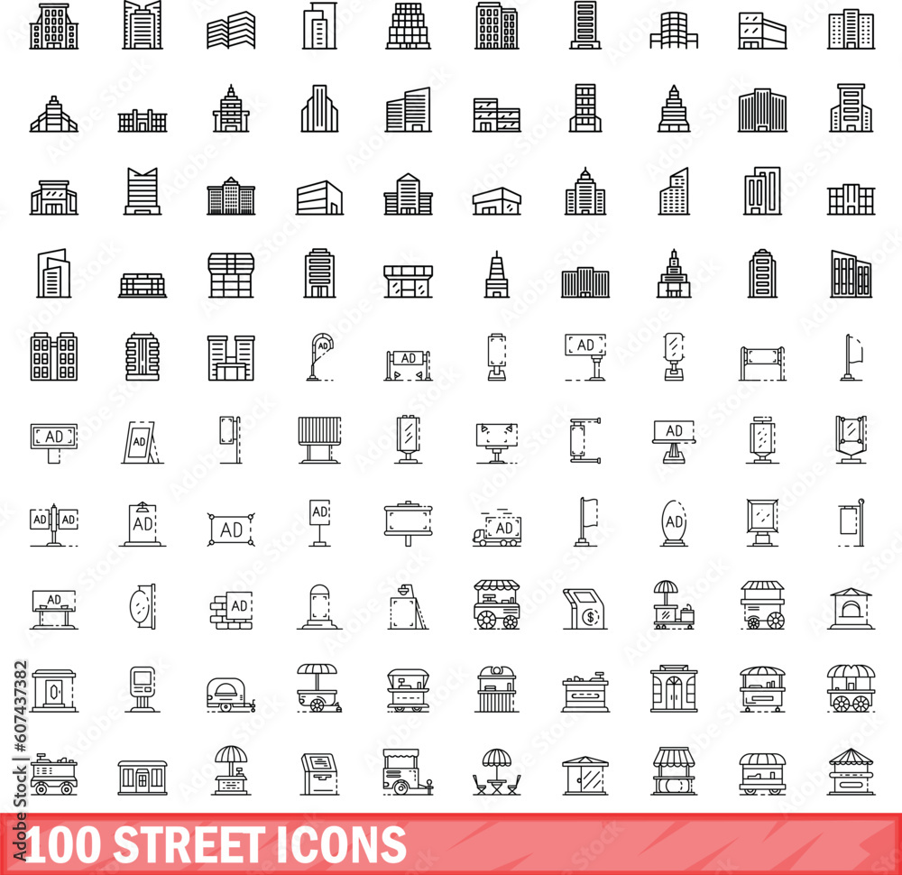 Wall mural 100 street icons set. Outline illustration of 100 street icons vector set isolated on white background - Wall murals