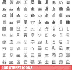 100 street icons set. Outline illustration of 100 street icons vector set isolated on white background