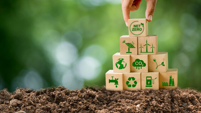 net zero and carbon neutral concept net zero emissions target Long-term, climate-neutral strategy with a green icon in the middle of a green background