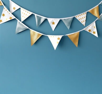 White, Blue And Gold Birthday Bunting Flags Garland On Blue Background With Copy Space. AI Generative