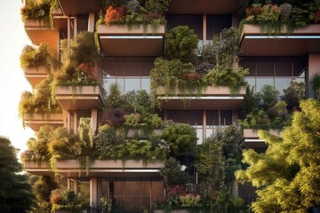 Fototapeta na wymiar An innovative vertical gardening system integrated into the facade of a sustainable building, bringing greenery to urban environments while conserving space - Generative AI