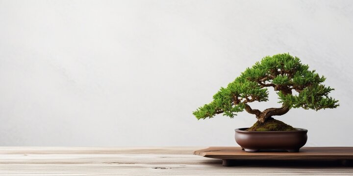 A small, well-groomed bonsai tree on a minimalist wooden table, concept of Nurturing Nature, created with Generative AI technology