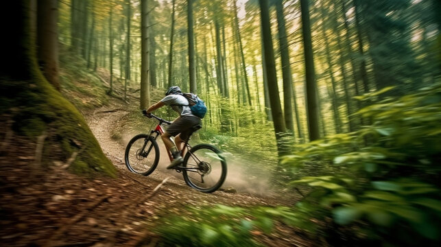 A man rides a bike through the forest. Generative AI