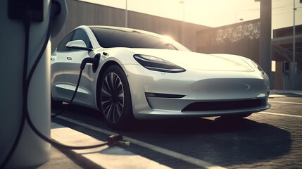Fototapeta na wymiar The electric car is on recharging. Generative AI