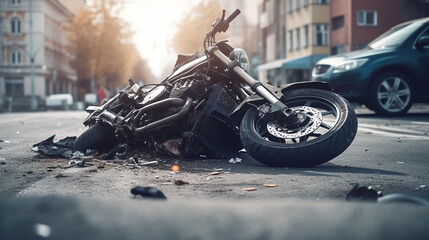 Fragments of a broken motorcycle on the pavement. Generative AI - obrazy, fototapety, plakaty