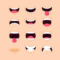 A set of cartoon mouths. Vector illustration. Suitable for animation. Flat style. Smile, tongue.